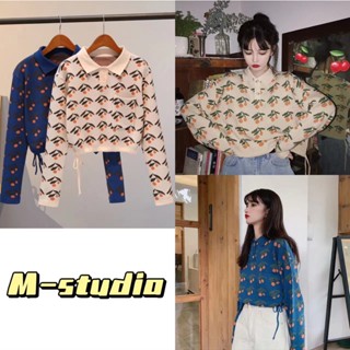 Maze*พร้อมส่ง*เสื้อยืดคอปกไหมพรมลายเชอรี่น่ารักๆ เสื้อคอปกแขนยาวลายเชอรี่(11019-1)