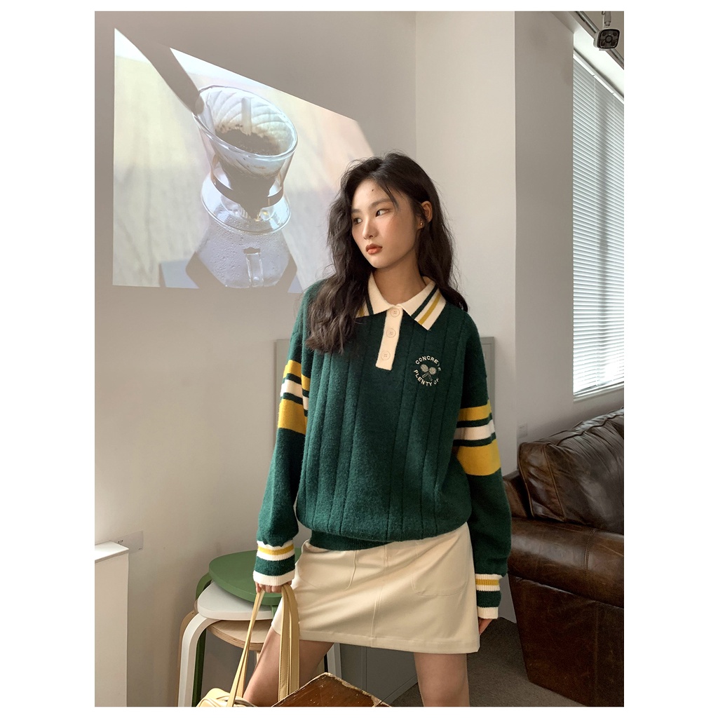 Xiao เสื้อกันหนาวลําลอง คอปกโปโล ผ้าถัก ทรงหลวม สไตล์เรโทร แฟชั่นฤดูใบไม้ร่วง สําหรับผู้หญิง MC AIJR