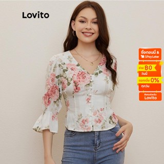 Lovito เสื้อเบลาส์ คอวี แขนสะบัด ลายดอกไม้ L20D016 (สีขาว)