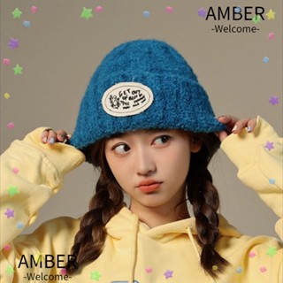 Amber หมวกถัก ผ้าขนสัตว์ ลายตัวอักษร สีฟ้า สีน้ําตาล และสีดํา สําหรับผู้หญิง