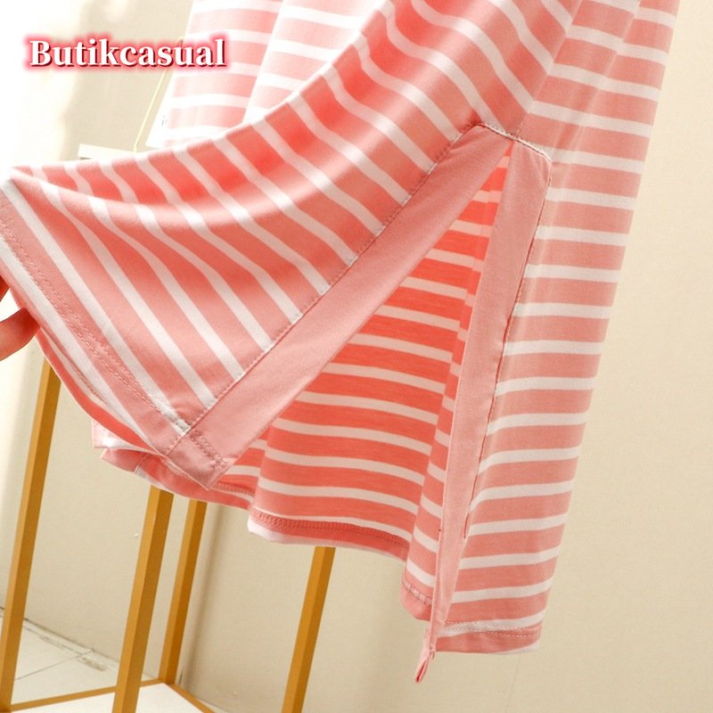 ผู้หญิง Modal Cotton striped dress หลวมธรรมดาชุด Loungewear V คอ 2025 ฤดูร้อน midi ชุด ราคา ถูกที่สุด ดีลบีเคเค แกลเลอรีภาพที่ 8