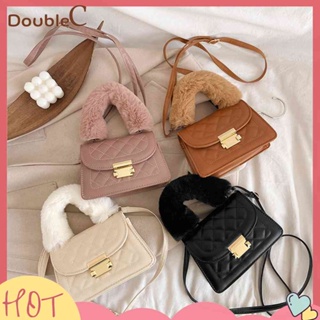 【Double C 】✿   กระเป๋าถือ กระเป๋าสะพายไหล่ สะพายข้าง หนัง PU ลายตาราง สีพื้น สําหรับสตรี