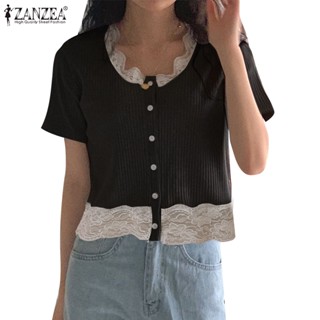 Zanzea เสื้อยืดลําลอง คอกลม แขนสั้น ผ้าลูกไม้ ลายทาง สําหรับผู้หญิง