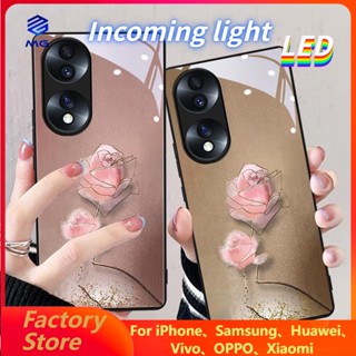 Mg เคสโทรศัพท์มือถือแบบแก้ว มีไฟกระพริบ LED ลายดอกกุหลาบ สีทอง ชมพู สําหรับ Samsung S21ULTRA S21+ S22+ S22ULTRA S20+ A12 A72 A71 A52 A51 A32 A21S NOTE10+ NOTE20ultra S23 S23Ultra S23+ A14