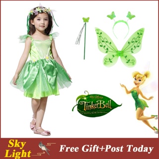 Tinker Bell เครื่องแต่งกายคอสเพลย์ ชุดเดรสเอลฟ์ โบว์ ดอกไม้ สีเขียว ของขวัญวันเกิด ฮาโลวีน สําหรับเด็กผู้หญิง