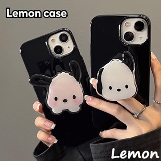 [Lemon] เคสโทรศัพท์มือถือ TPU แบบนิ่ม ลายการ์ตูนสุนัข สีดํามันวาว พร้อมขาตั้ง สําหรับ iPhone 14 14pro 14promax 14plus 13 13pro 13promax 7 8 7plus 8plus 11 12 XR XSMAX 12pro 11promax 12promax