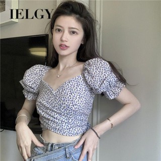 IELGY เสื้อเชิ้ตแขนพัฟ คอสี่เหลี่ยม เปิดเอว ลายดอกไม้ สําหรับผู้หญิง