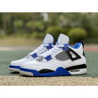 ใหม่ ขายดี Air Jordan 4 Retro Motorsport รองเท้าบาสเก็ตบอล สีขาว ฟ้า AJ4 2023 308497-117