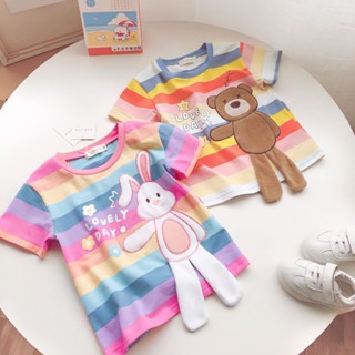 เสื้อยืดแขนสั้น ลายทาง สีรุ้ง แฟชั่นฤดูร้อน สําหรับเด็กผู้ชาย และเด็กผู้หญิง อายุ 2-9 ปี 2023