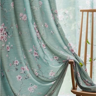ผ้าม่าน ผ้าฝ้าย ผ้าลินิน ลายดอกไม้ สีฟ้า ระบายอากาศ ใส่สบาย ปรับขนาดได้ สําหรับติดระเบียง ห้องนั่งเล่น HC ZH714