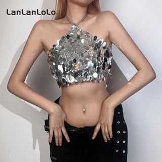 Lanlanlolo เสื้อกล้าม เปิดหลังเซ็กซี่ ประดับเลื่อม สีพื้น แฟชั่นสําหรับผู้หญิง 2023