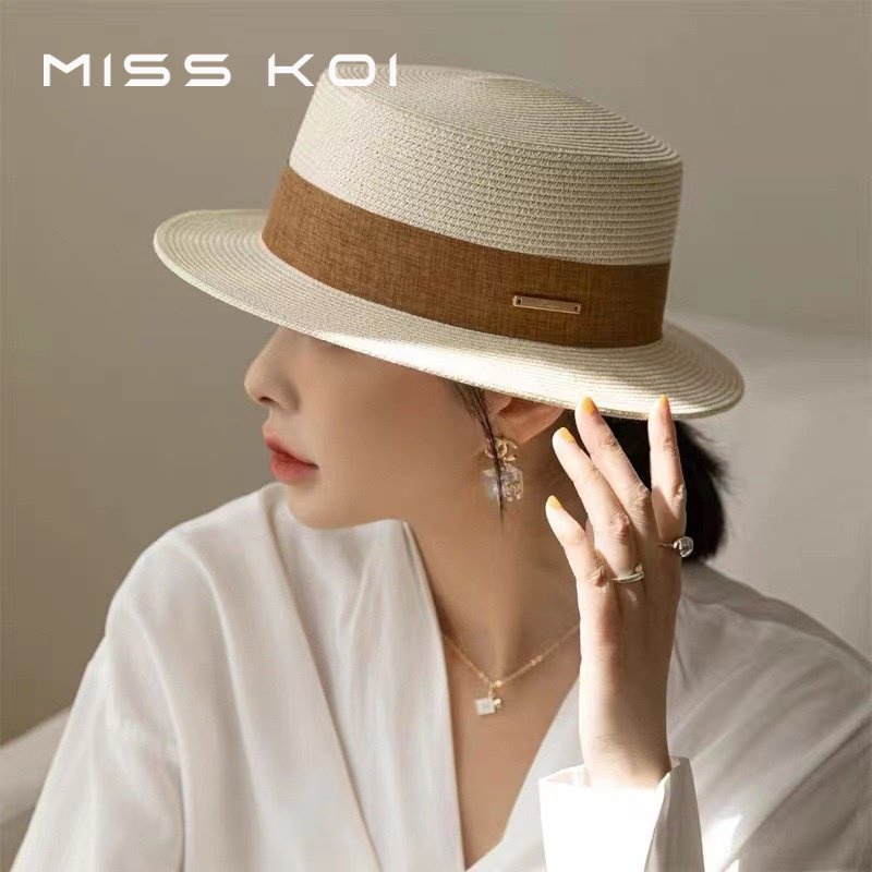 MISSKOI ฤดูร้อนคลาสสิกพับสไตล์ฝรั่งเศสวินเทจแฟชั่นแบนด้านบนบังแดดหมวกฟางระบายอากาศ