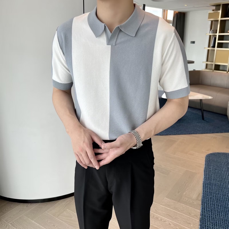 ครึ่งแขนเสื้อโปโลผู้ชายผ้าไหมน้ําแข็งถักปก Casual Stripes Contrast สี Breathable T-