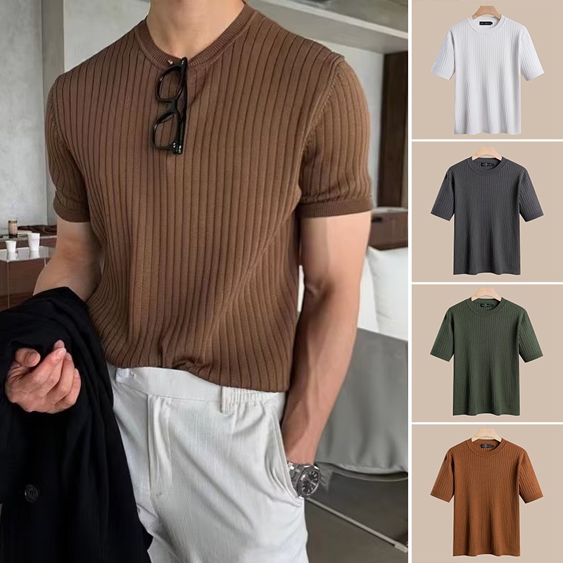 เสื้อโปโลแขนสั้น ผ้าเรยอน แบบถัก เข้ารูป ลายทาง สีน้ําตาล แบบเรียบง่าย สไตล์เกาหลี และอังกฤษ แฟชั่นฤดูร้อน สําหรับผู้ชาย