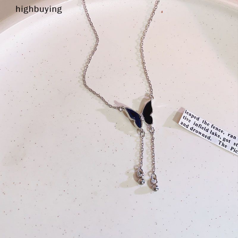 [highbuying] สร้อยคอโซ่ จี้รูปผีเสื้อ สีดํา ประดับพู่ เครื่องประดับแฟชั่น สําหรับผู้หญิง พร้อมส่ง