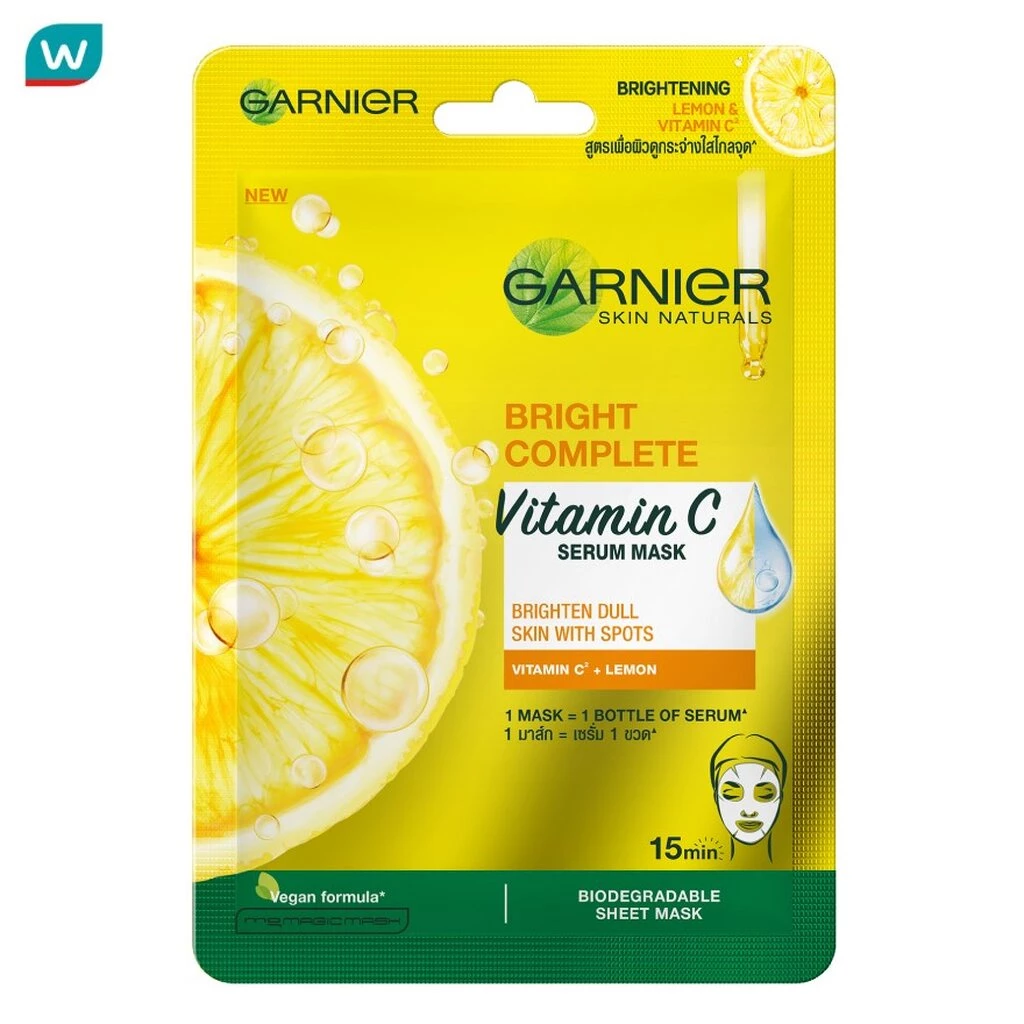 Garnier การ์นิเย่ สกิน แนทเชอรัสส์ ไบรท์ คอมพลีท วิตามิน ซี เซรั่ม มาส์ก 1 แผ่น