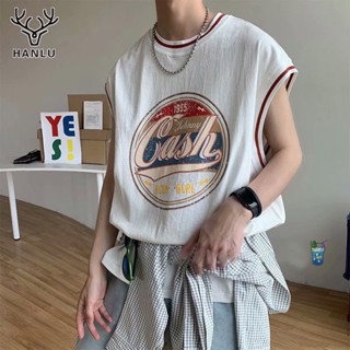 HANLU เสื้อกล้ามผู้ชาย 2023 ใหม่ผู้ชายแบรนด์น้ำหลวมรอบคอเสื้อกั๊กแขนกุดแนวโน้มบุคลิกภาพกีฬาบาสเก็ตบอลเยาวชนยอดนิยม