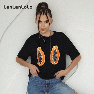 Lanlanlolo เสื้อยืดลําลอง แขนสั้น คอกลม พิมพ์ลาย ทรงหลวม แฟชั่นฤดูร้อน สําหรับสตรี 2023