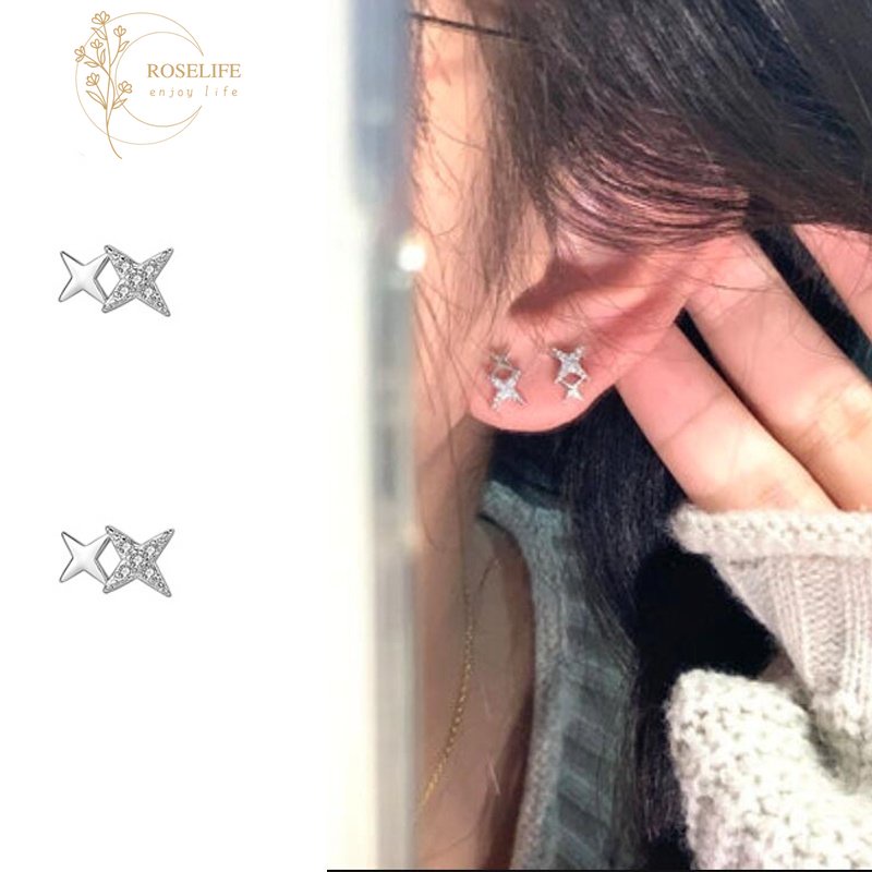 Roselife ต่างหูสตั๊ด เงิน S925 จี้รูปดาวคู่ ประดับคริสตัล แวววาว สไตล์เกาหลี เครื่องประดับ สําหรับผู้หญิง 1 คู่