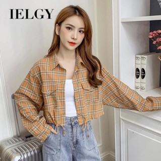 IELGY shirt womens long-sleeved plaid retro Hong kong style design sense niche short top