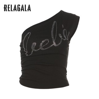 Relagala เสื้อกั๊ก เปิดไหล่ เข้ารูป ประดับเพชร ลายตัวอักษร แฟชั่นสําหรับผู้หญิง 2023