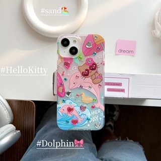 เคสป้องกันโทรศัพท์มือถือ ลายการ์ตูนโลมา สีชมพู สองด้าน สําหรับ iPhone 11 14 12 13 Pro Max