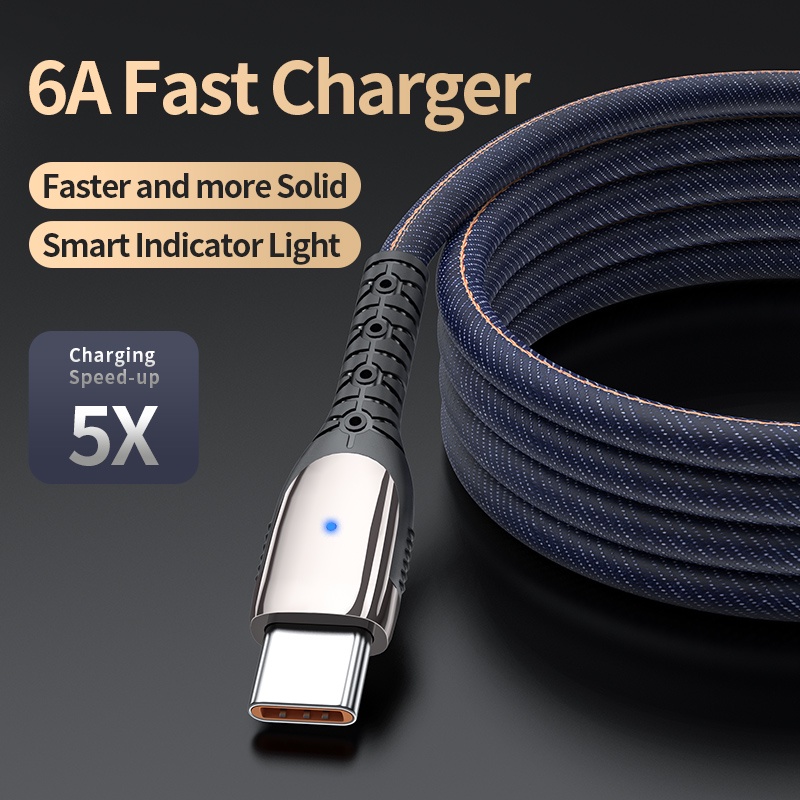 สายชาร์จเร็ว 6A 100W พร้อมไฟ LED Micro Usb Type-C สําหรับโทรศัพท์ Android สายเคเบิล Usb เข้ากันได้กับสายเคเบิล iP