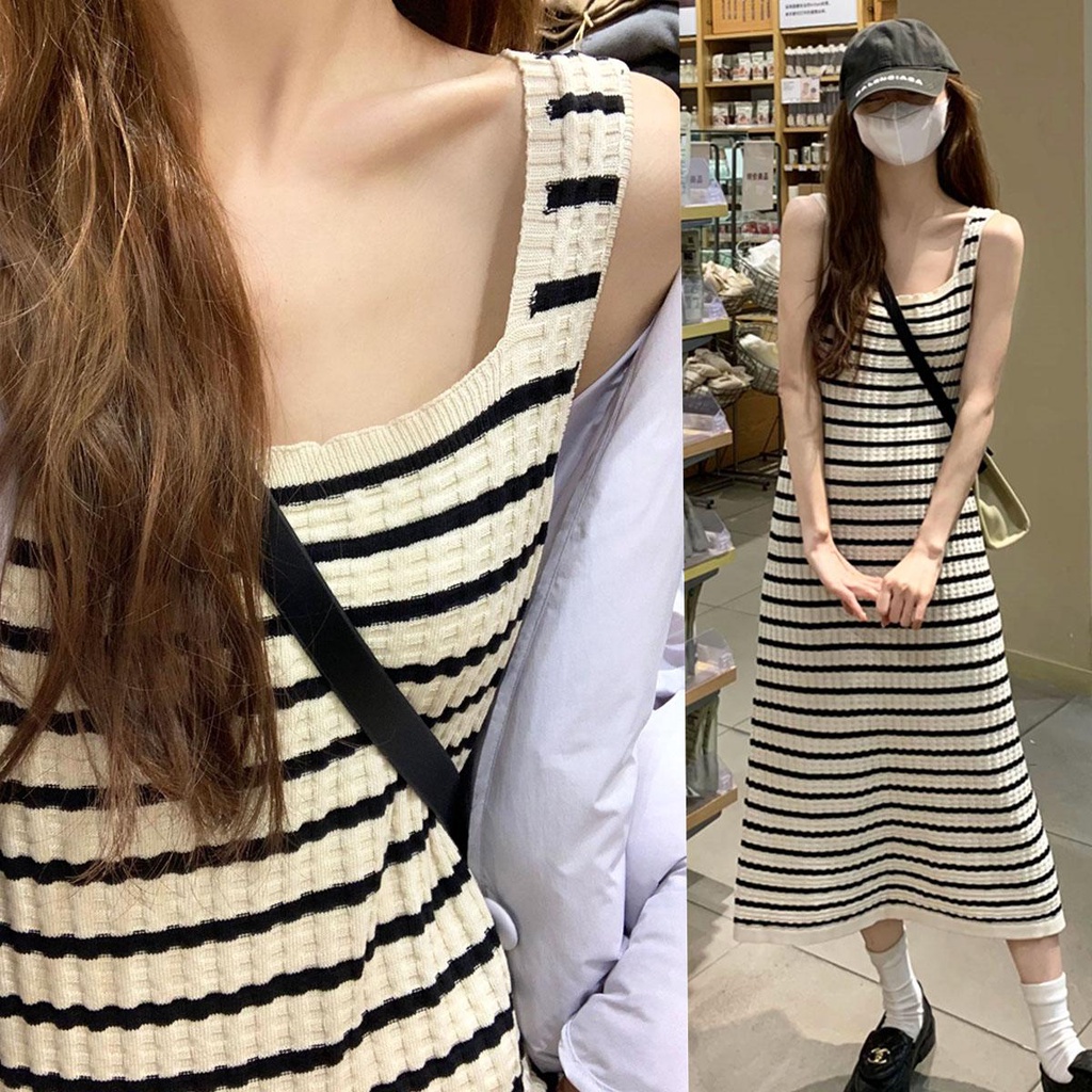 mimi#didi#ชุดเดรส ชุดถักผู้หญิง เดรสกันแดดลายทางตัดกัน คอเหลี่ยม กระโปรงทรงเอ เหนือเข่ากระโปรง วินเทจ#M2326