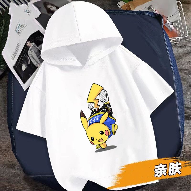 เสื้อยืดแขนสั้น มีฮู้ด ผ้าฝ้าย 100% พิมพ์ลายโปเกม่อน ปิกาจู สําหรับเด็ก