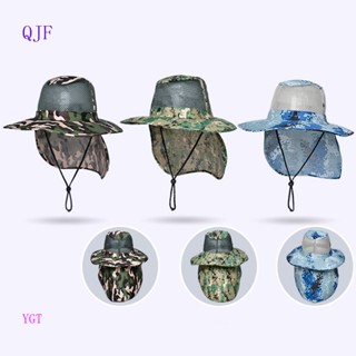 Qjf หมวกปีกกว้าง ตาข่ายตกปลา หมวกกันแดด ป้องกันรังสียูวี ป้องกันแสงแดด ลายพราง หมวกตกปลา สําหรับการเดินทาง ตั้งแคมป์ เดินป่า พายเรือ