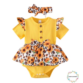 Babyclothes- ชุดรอมเปอร์ แขนสั้น พิมพ์ลายดอกทานตะวัน พร้อมที่คาดผม แฟชั่นฤดูร้อน สําหรับเด็กผู้หญิง 2 ชิ้น