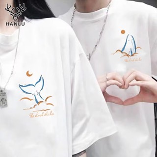 HANLU เสื้อยืด 2023 เทรนด์ใหม่สำหรับผู้ชายและผู้หญิง ins สุดฮอตเฉพาะคู่เสื้อยืดแขนสั้น