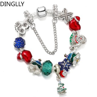 Dinglly กวางเรนเดียร์และหัวใจบ้านลูกปัดสีเงินโลหะผสมสร้อยข้อมือเกล็ดหิมะต้นคริสต์มาสเสน่ห์สร้อยข้อมือสําหรับผู้หญิงเครื่องประดับ