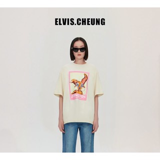 Elvis.cheung Jiang Yuns เสื้อยืดแขนสั้นลําลอง ทรงหลวม พิมพ์ลายกระต่ายนําโชค แฟชั่นฤดูใบไม้ผลิ ฤดูร้อน