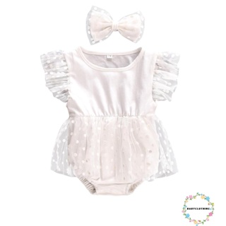 Babyclothes- ชุดจั๊มสูทรอมเปอร์ คอกลม แขนพอง พิมพ์ลายจุด แต่งโบว์ และที่คาดผม แฟชั่นฤดูร้อน สําหรับเด็กผู้หญิง