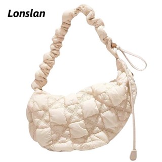 Lonslan soft bag หญิงลําลองน้ําหนักเบา กระเป๋าโฮโบ ทรงก้อนเมฆ แนวเกาหลี ที่ห้อย แถมฟรี