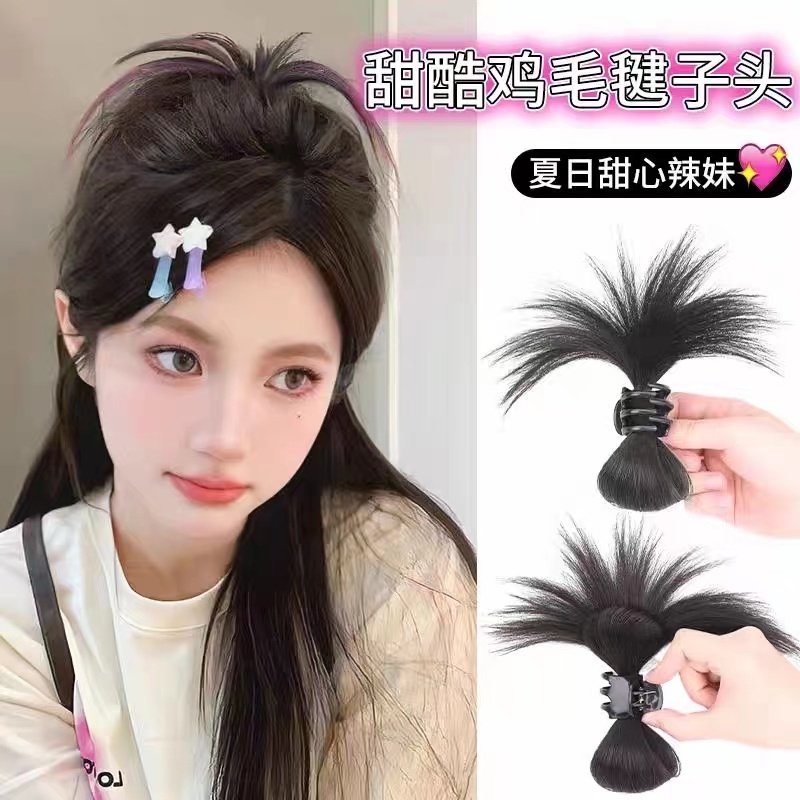 Ju Jingyi วิกผมหางม้า สีดํา สไตล์หวานแหวว หัวลูกขนไก่