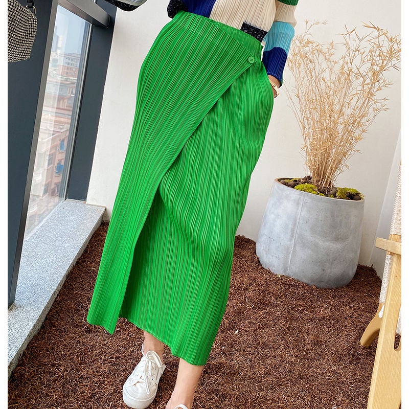 Miyake กระโปรงพลีทยาวปานกลาง เอวสูง สีพื้น แฟชั่นสําหรับสตรี