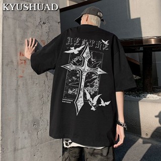 KYUSHUAD อเมริกันไฮสตรีทหลวมเสื้อผ้าสีเข้ม, ผ้าฝ้าย 100% ยุโรปและอเมริกาข้ามเฮฟวี่เวทผู้ชายเสื้อยืดแขนสั้น,