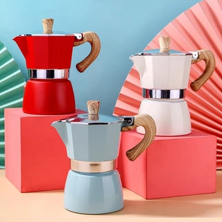 Moka Pot กาต้มกาแฟสดพกพา รุ่นหนา หม้อต้มกาแฟ ทรงแปดเหลี่ยม หูจับลายไม้ มีหลายสี
