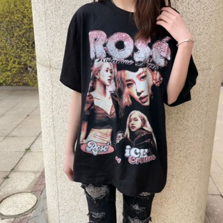 Black pink Rose Park Caiying Vintage Antique Printed Round Neck Short Sleeve High Street Loose Couple Casual T-Shirt