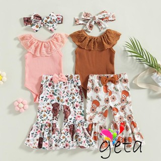 Geta- ชุดรอมเปอร์แขนกุด แต่งลูกไม้ ลายวัว ดอกไม้ และที่คาดผม แฟชั่นฤดูร้อน สําหรับเด็กผู้หญิง