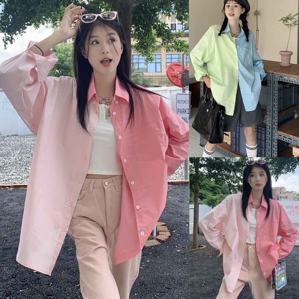 mimi&didi#เสื้อกันแดดแขนยาวผู้หญิง คอปก เก๋ สีน่ารัก ความคมชัดของสี ทรงหลวมยาวปานกลางสไตล์เกาหลีเสื้อผ้าแฟชั่น#W254