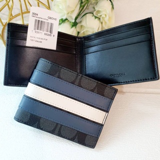 Slim Billfold Wallet With Varsity Stripe 3004 F26171 กระเป๋าสตางค์ผู้ชาย 2 พับ แท้ COAC H สีดำ คาดแถบ แบบบาง