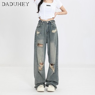 DaDuHey🎈 Women Summer Ripped Jeans Ins Fashion High Waist Wash Straight Wide Leg Casual Waist Adjustable Mop Pants