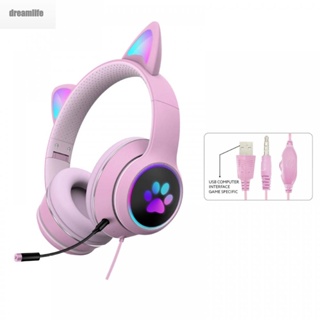 【DREAMLIFE】Cute Pink Cat Ear Earphones with LED Lights and Volume Controller Long 18m Wire