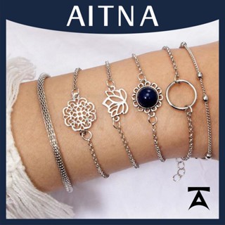 Aitna 6 ชิ้น / เซต เงิน กลวง สร้อยข้อมือ ลูกปัด ดอกบัว ผู้หญิง แฟชั่น สไตล์สวยหรู สร้อยข้อมือ