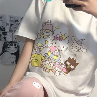 SANRIO เสื้อยืดแขนสั้น พิมพ์ลายการ์ตูน Hello Kitty Cinnamoroll Mymelody Pompom Purin แฟชั่นฤดูร้อน สําหรับผู้หญิง [GM]