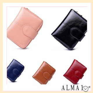 Alma กระเป๋าสตางค์ กระเป๋าใส่เหรียญ หนัง Pu มีซิป สีพื้น แบบพกพา พับได้ สําหรับผู้หญิง