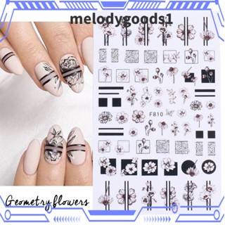 Melodygoods1 สติกเกอร์ตกแต่งเล็บ ลายใบไม้ ดอกไม้ สีดํา สีขาว